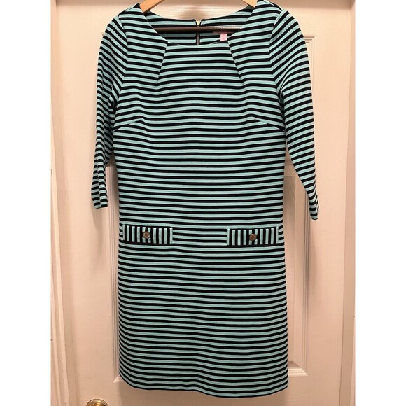 Lilly Pulitzer Charlene Navy Aqua Blue Stripes Dress Gold Buttons Sz M Jackie-O - Picture 4 of 16